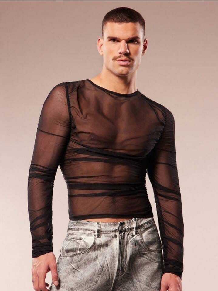 Men's Sheer Mesh Crew Neck Long Sleeve Tees